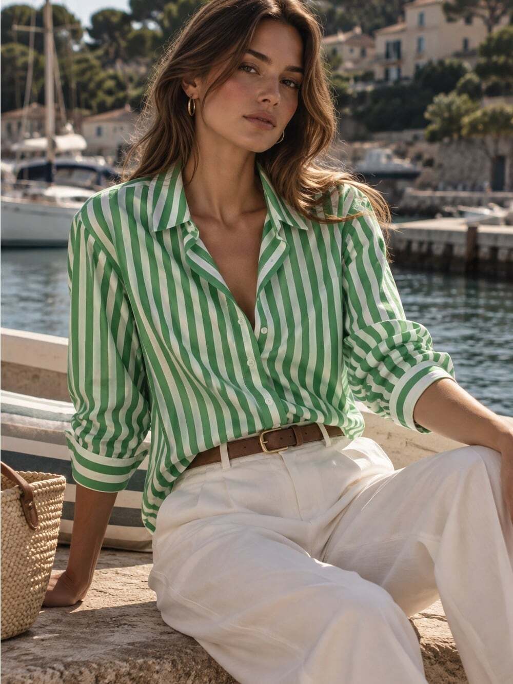 Saint James Green White Striped Cotton Shirt Size 4 French Coastal Nautical Chic